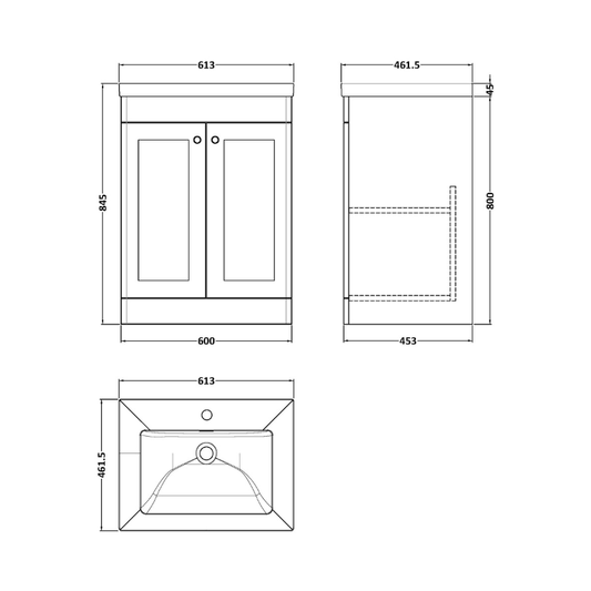 Nuie Classique 600mm Floor Standing 2-Door Vanity with Basin - 1 Tap Hole (1 size, Soft Black) - Brand New Bathrooms