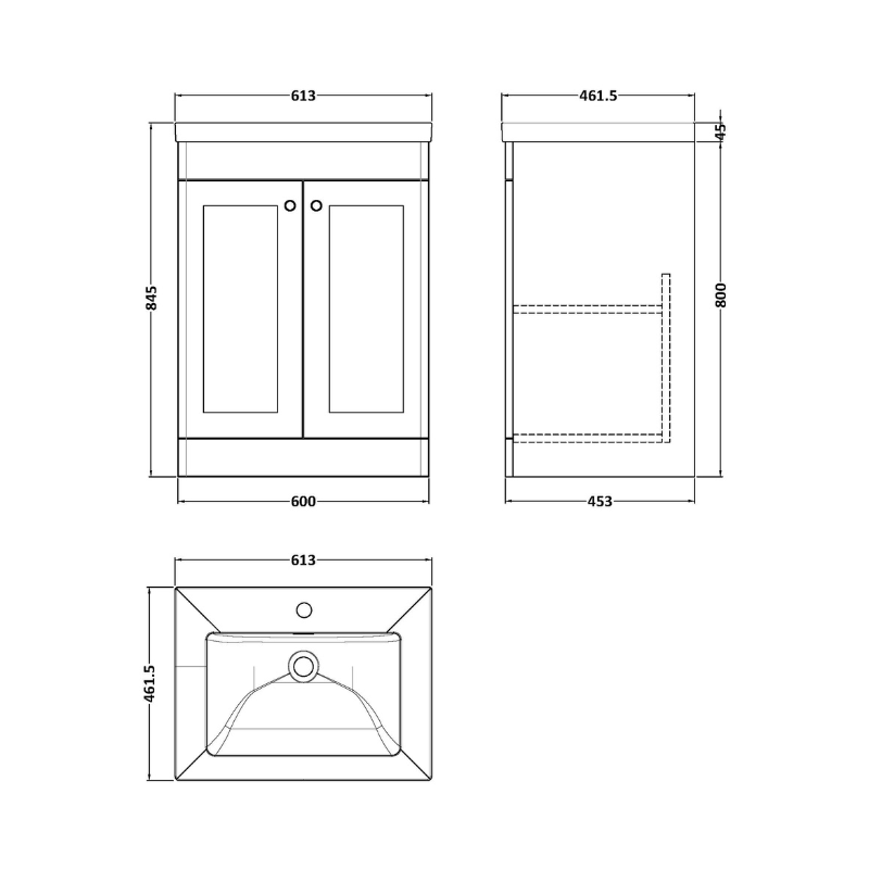 Nuie Classique 600mm Floor Standing 2-Door Vanity with Basin - 1 Tap Hole (1 size, Soft Black) - Brand New Bathrooms