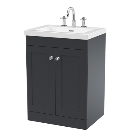 Nuie Classique 600mm Floor Standing 2-Door Vanity Unit with 3 Tap Hole Basin (1 size, Soft Black) - Brand New Bathrooms