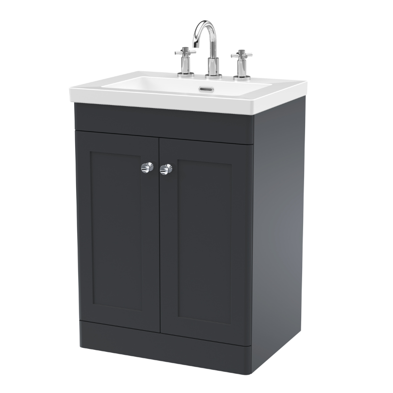 Nuie Classique 600mm Floor Standing 2-Door Vanity Unit with 3 Tap Hole Basin (1 size, Soft Black) - Brand New Bathrooms