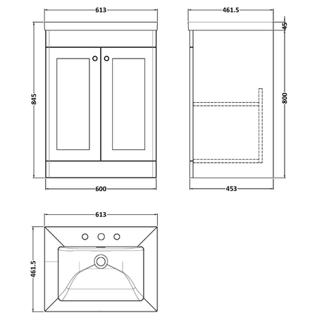 Nuie Classique 600mm Floor Standing 2-Door Vanity Unit with 3 Tap Hole Basin (1 size, Soft Black) - Brand New Bathrooms