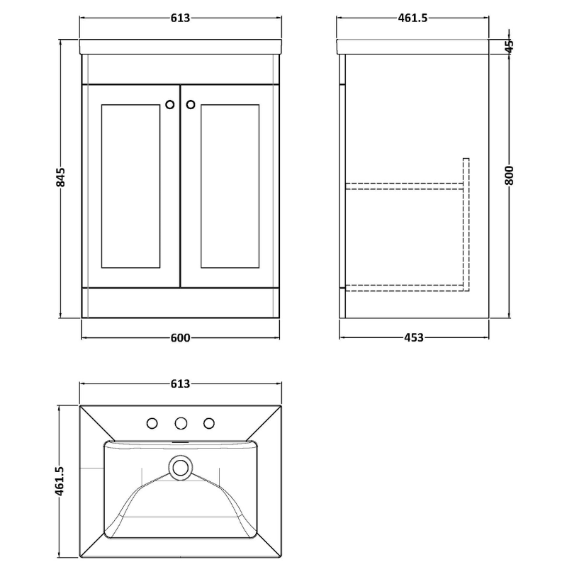 Nuie Classique 600mm Floor Standing 2-Door Vanity Unit with 3 Tap Hole Basin (1 size, Soft Black) - Brand New Bathrooms