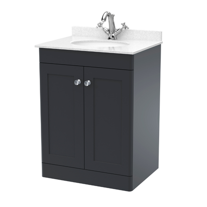 Nuie Classique 600mm Floor Standing 2 Door Vanity Unit with 1 Tap Hole Basin & Backsplash (1 size, Soft Black) - Brand New Bathrooms