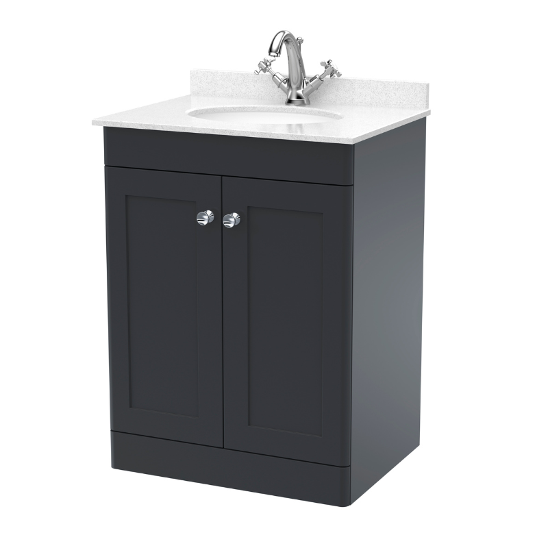 Nuie Classique 600mm Floor Standing 2 Door Vanity Unit with 1 Tap Hole Basin & Backsplash (1 size, Soft Black) - Brand New Bathrooms