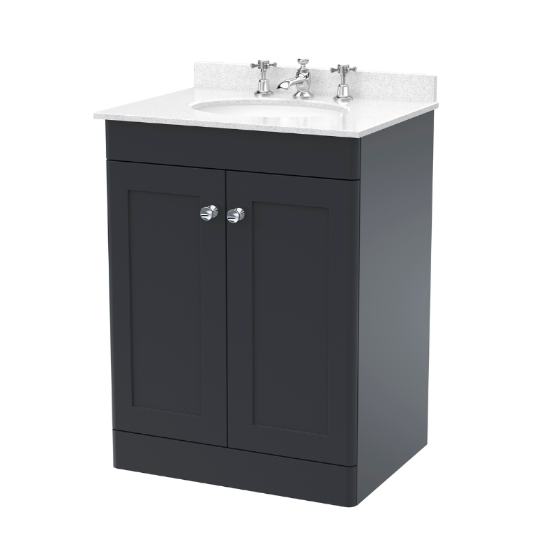 Nuie Classique 600mm Floor Standing 2 Door Vanity Unit with Marble Top & 3 Tap Hole Basin (1 size, Soft Black) - Brand New Bathrooms