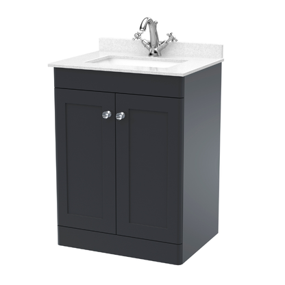 Nuie Classique 600mm Floor Standing 2 Door Unit & 1 Tap Hole Marble Top with Square Basin (1 size, Soft Black) - Brand New Bathrooms