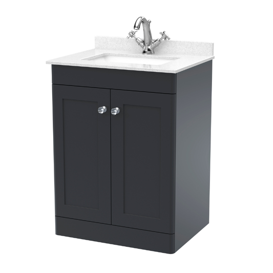 Nuie Classique 600mm Floor Standing 2 Door Unit & 1 Tap Hole Marble Top with Square Basin (1 size, Soft Black) - Brand New Bathrooms