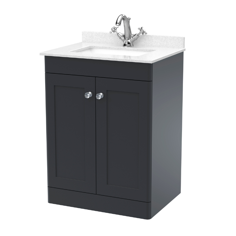 Nuie Classique 600mm Floor Standing 2 Door Unit & 1 Tap Hole Marble Top with Square Basin (1 size, Soft Black) - Brand New Bathrooms