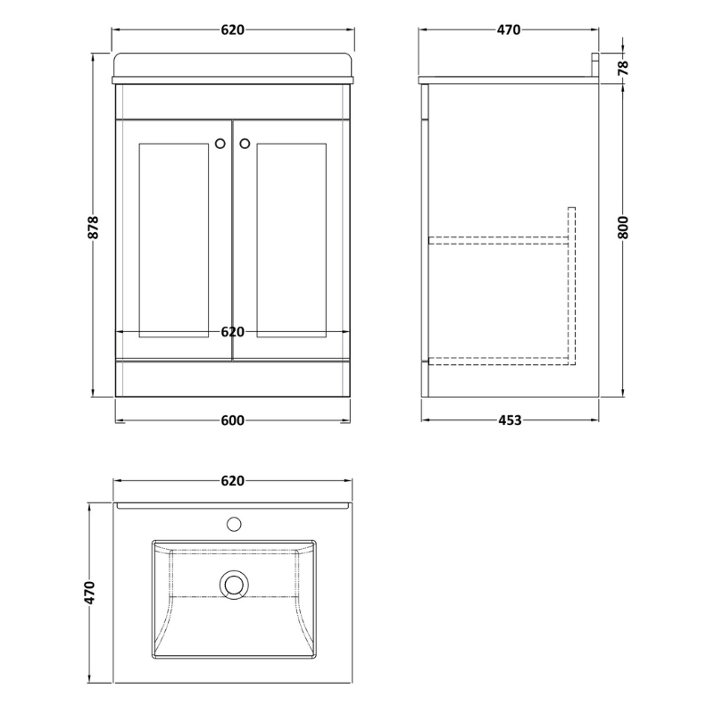 Nuie Classique 600mm Floor Standing 2 Door Unit & 1 Tap Hole Marble Top with Square Basin (1 size, Soft Black) - Brand New Bathrooms