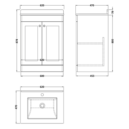 Nuie Classique 600mm Floor Standing 2 Door Unit & 1 Tap Hole Marble Top with Square Basin (1 size, Soft Black) - Brand New Bathrooms