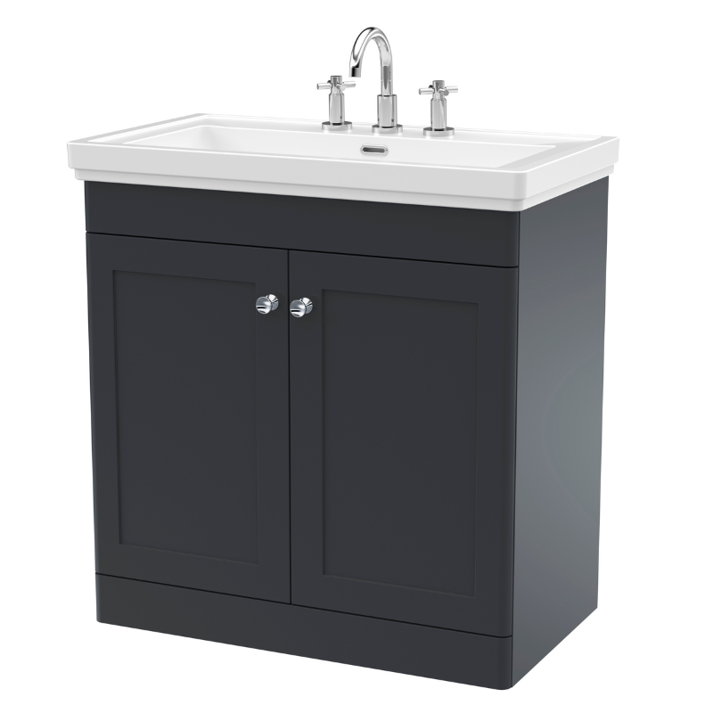 Nuie Classique 830mm Floor Standing 2 Door Vanity Unit with 3 Tap Hole Basin (1 size, Soft Black) - Brand New Bathrooms