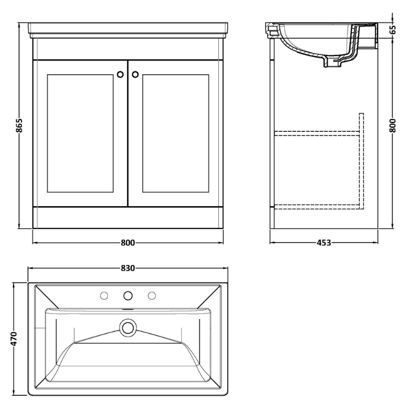 Nuie Classique 830mm Floor Standing 2 Door Vanity Unit with 3 Tap Hole Basin (1 size, Soft Black) - Brand New Bathrooms