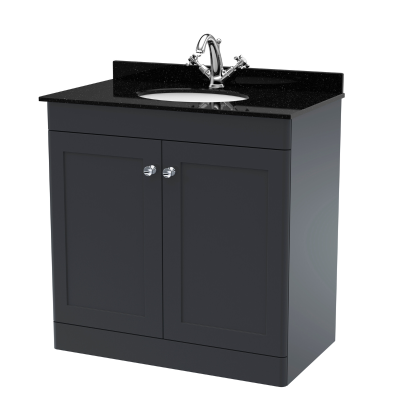 Nuie Classique 800mm Floor Standing 2 Door Unit & 1 Tap Hole Marble Top with Oval Basin (1 size, Soft Black) - Brand New Bathrooms
