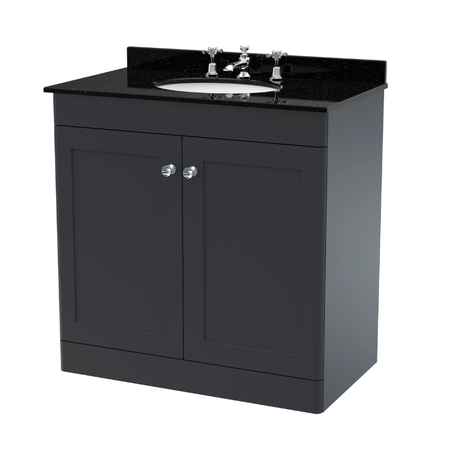 Nuie Classique 800mm Floor Standing Vanity Unit With 3 Tap Hole Marble Top & Basin (1 size, Soft Black) - Brand New Bathrooms
