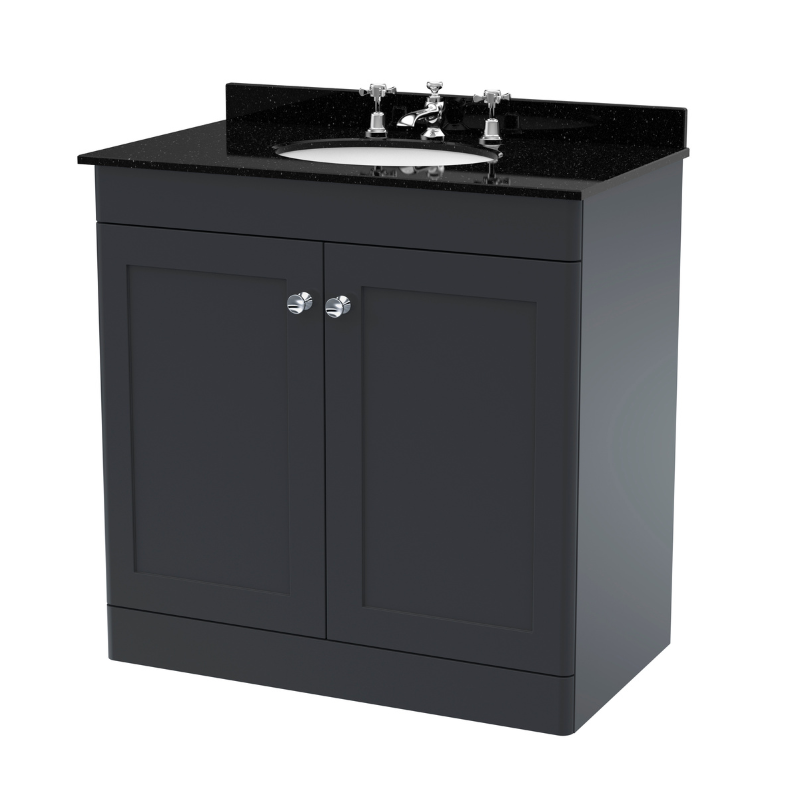 Nuie Classique 800mm Floor Standing Vanity Unit With 3 Tap Hole Marble Top & Basin (1 size, Soft Black) - Brand New Bathrooms