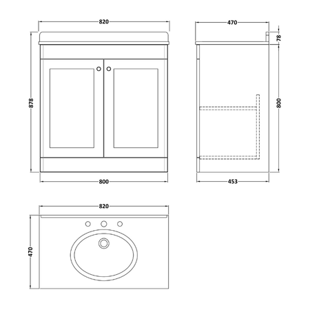 Nuie Classique 800mm Floor Standing Vanity Unit With 3 Tap Hole Marble Top & Basin (1 size, Soft Black) - Brand New Bathrooms