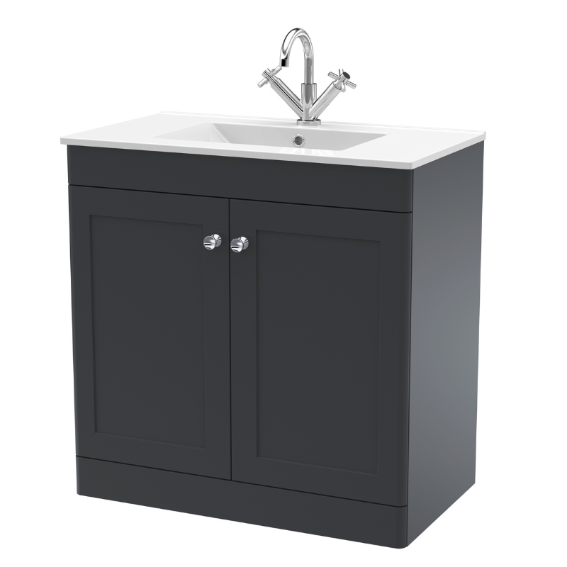 Nuie Classique 800mm Floor Standing 2-Door Vanity with Basin - 1 Tap Hole (1 size, Soft Black) - Brand New Bathrooms