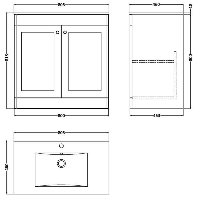 Nuie Classique 800mm Floor Standing 2-Door Vanity with Basin - 1 Tap Hole (1 size, Soft Black) - Brand New Bathrooms