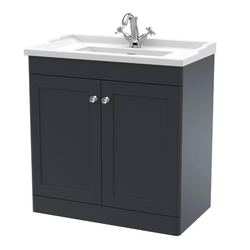 Nuie Classique 800mm Floor Standing 2 Door Vanity Unit With 1 Tap Hole Basin (1 size, Soft Black) - Brand New Bathrooms
