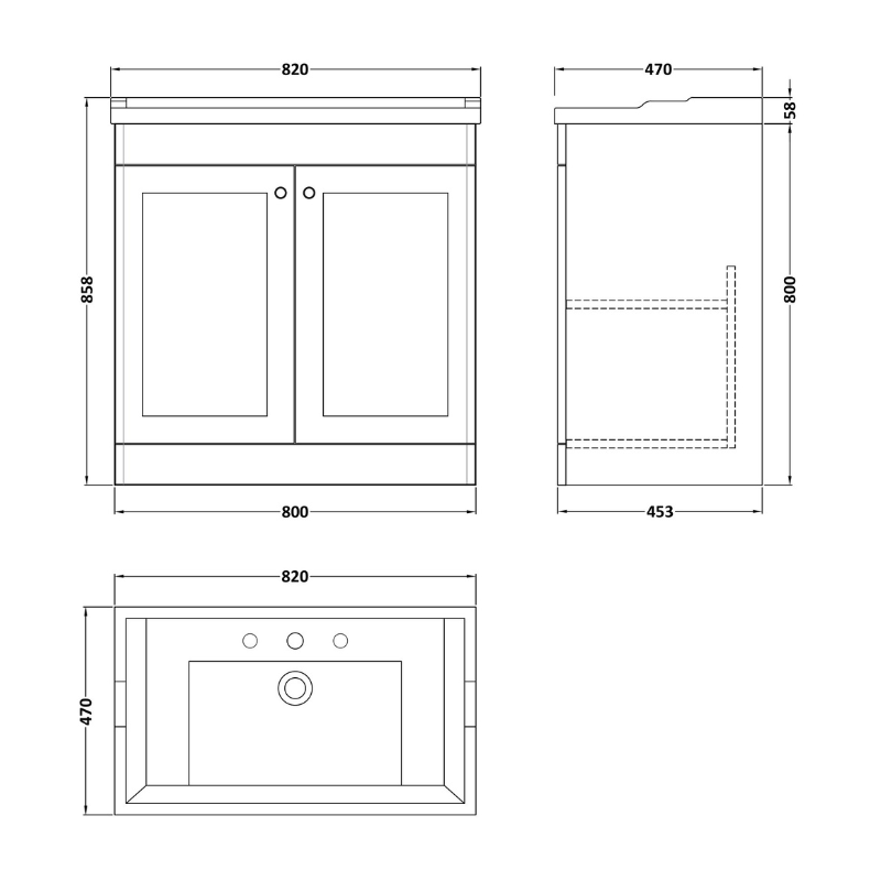 Nuie Classique 800mm Floor Standing Vanity Unit With 3 Tap Hole Basin (1 size, Soft Black) - Brand New Bathrooms
