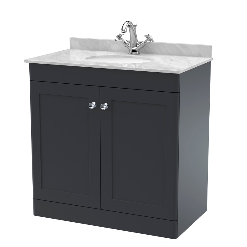 Nuie Classique 820mm Floor Standing 2 Door Vanity Unit with 1 Tap Hole Basin & Backsplash (1 size, Soft Black) - Brand New Bathrooms