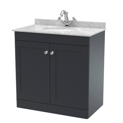 Nuie Classique 820mm Floor Standing 2 Door Vanity Unit with 1 Tap Hole Basin & Backsplash (1 size, Soft Black) - Brand New Bathrooms