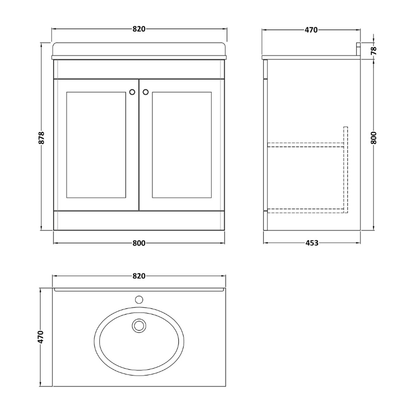 Nuie Classique 820mm Floor Standing 2 Door Vanity Unit with 1 Tap Hole Basin & Backsplash (1 size, Soft Black) - Brand New Bathrooms