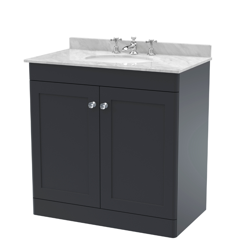 Nuie Classique 820mm Floor Standing 2 Door Vanity Unit With Marble Top, Basin & 3 Tap Holes (1 size, Soft Black) - Brand New Bathrooms