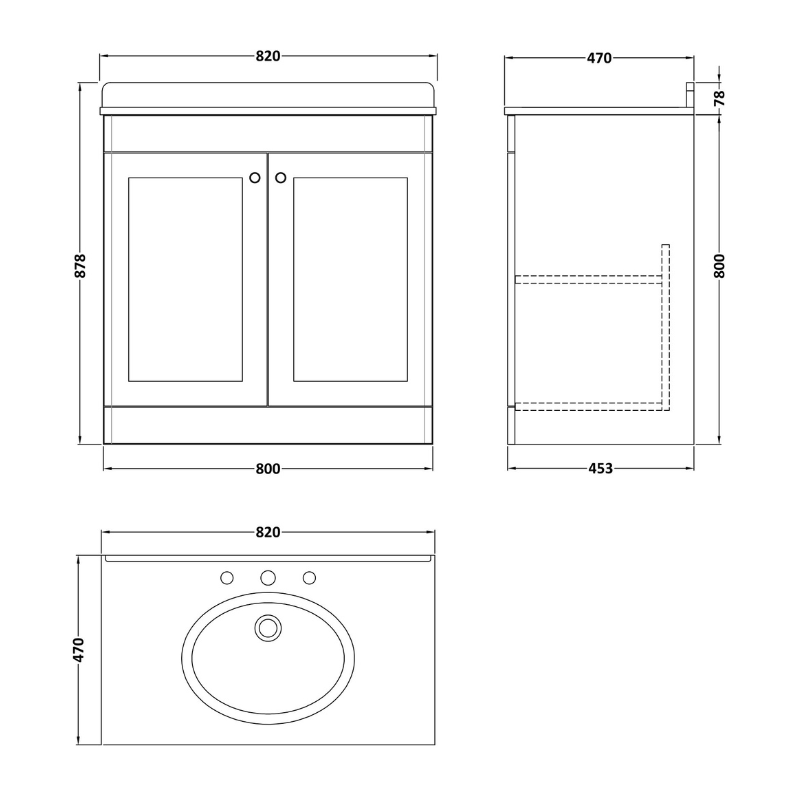Nuie Classique 820mm Floor Standing 2 Door Vanity Unit With Marble Top, Basin & 3 Tap Holes (1 size, Soft Black) - Brand New Bathrooms