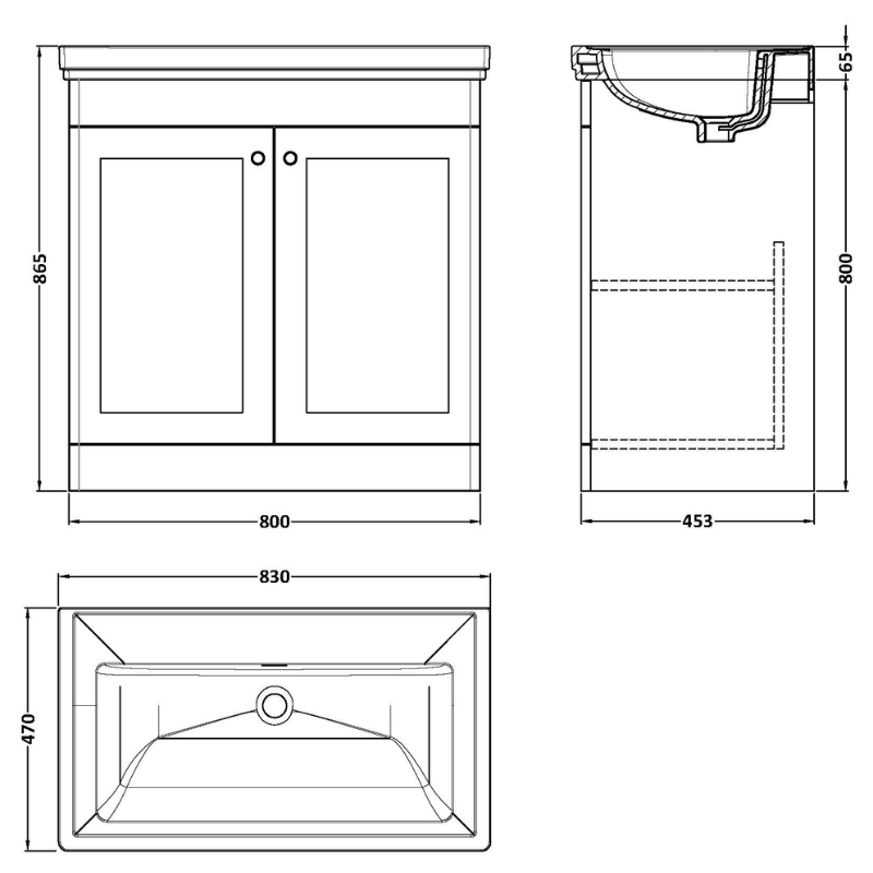 Nuie Classique 800mm Traditional Floor Standing 2 Door Vanity Unit With Basin (1 size, Soft Black) - Brand New Bathrooms