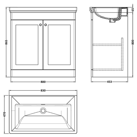 Nuie Classique 800mm Traditional Floor Standing 2 Door Vanity Unit With Basin (1 size, Soft Black) - Brand New Bathrooms