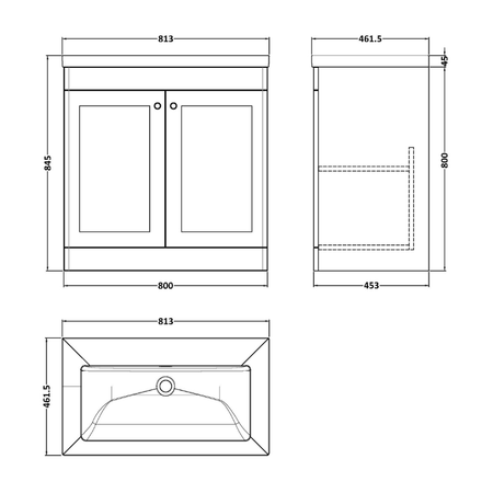 Nuie Classique 800mm Floor Standing 2-Door Vanity with Basin - 0 Tap Hole (1 size, Soft Black) - Brand New Bathrooms