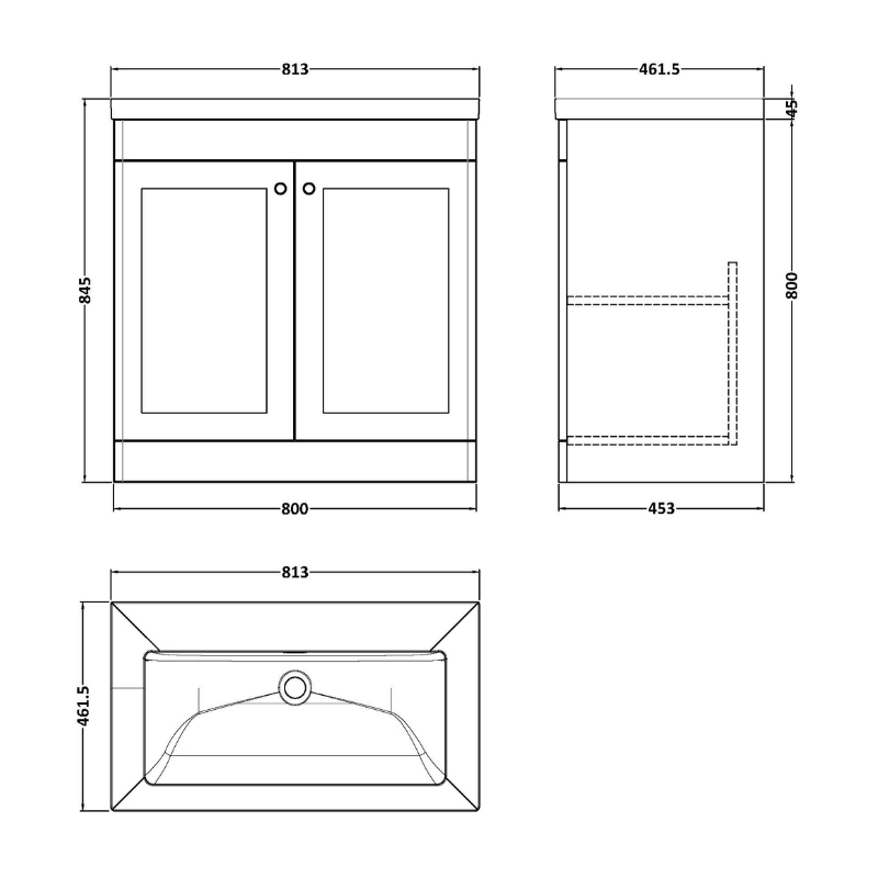 Nuie Classique 800mm Floor Standing 2-Door Vanity with Basin - 0 Tap Hole (1 size, Soft Black) - Brand New Bathrooms