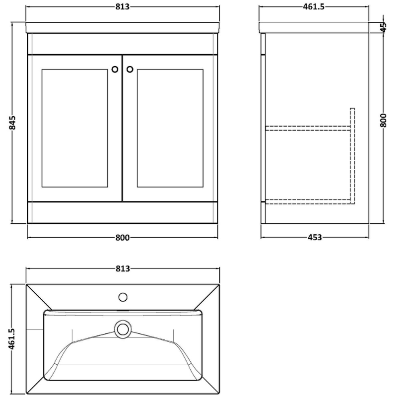 Nuie Classique 800mm Floor Standing 2-Door Vanity Unit With Basin (1 size, Soft Black) - Brand New Bathrooms