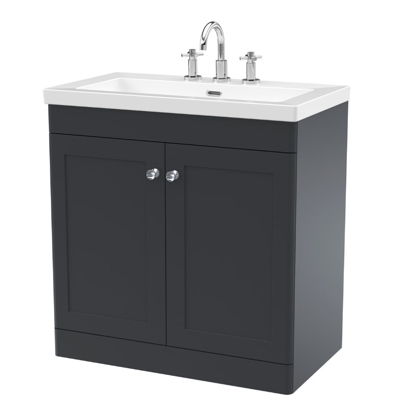 Nuie Classique 800mm Floor Standing 2-Door Vanity with Basin - 3 Tap Hole (1 size, Soft Black) - Brand New Bathrooms