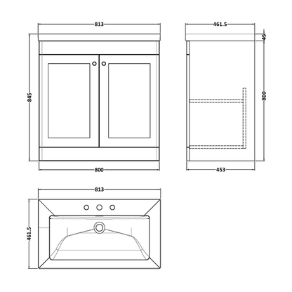 Nuie Classique 800mm Floor Standing 2-Door Vanity with Basin - 3 Tap Hole (1 size, Soft Black) - Brand New Bathrooms