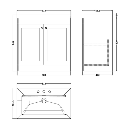 Nuie Classique 800mm Floor Standing 2-Door Vanity with Basin - 3 Tap Hole (1 size, Soft Black) - Brand New Bathrooms