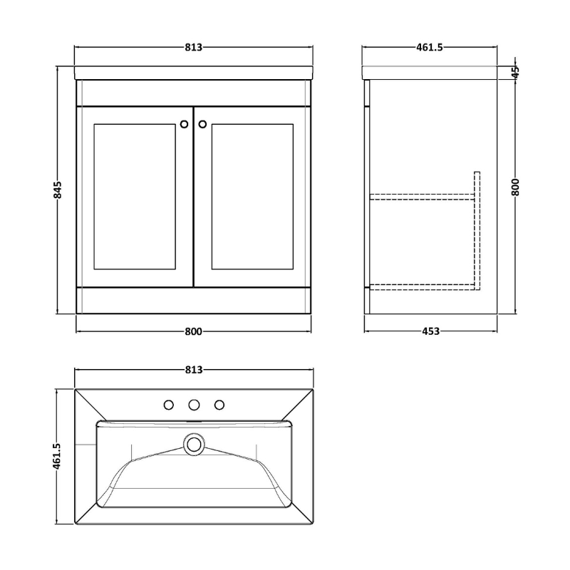 Nuie Classique 800mm Floor Standing 2-Door Vanity with Basin - 3 Tap Hole (1 size, Soft Black) - Brand New Bathrooms