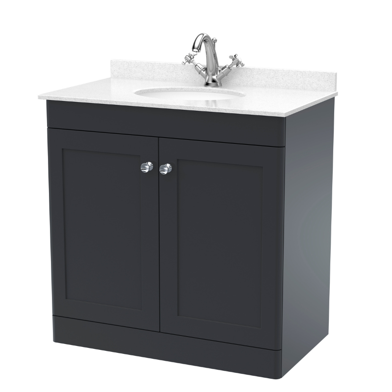 Nuie Classique 800mm Floor Standing Vanity Unit With Marble Top & Basin (1 size, Soft Black) - Brand New Bathrooms