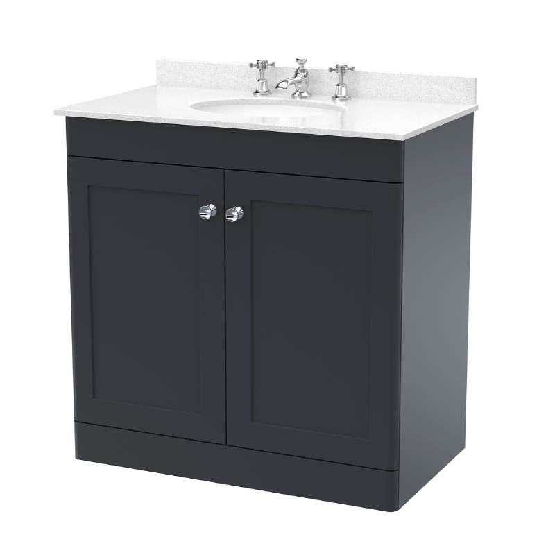 Nuie Classique 800mm Floor Standing Vanity Unit With Basin & Marble Top, 3 Tap Hole (1 size, Soft Black) - Brand New Bathrooms