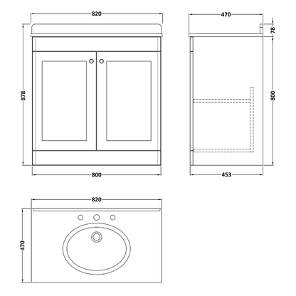 Nuie Classique 800mm Floor Standing Vanity Unit With Basin & Marble Top, 3 Tap Hole (1 size, Soft Black) - Brand New Bathrooms