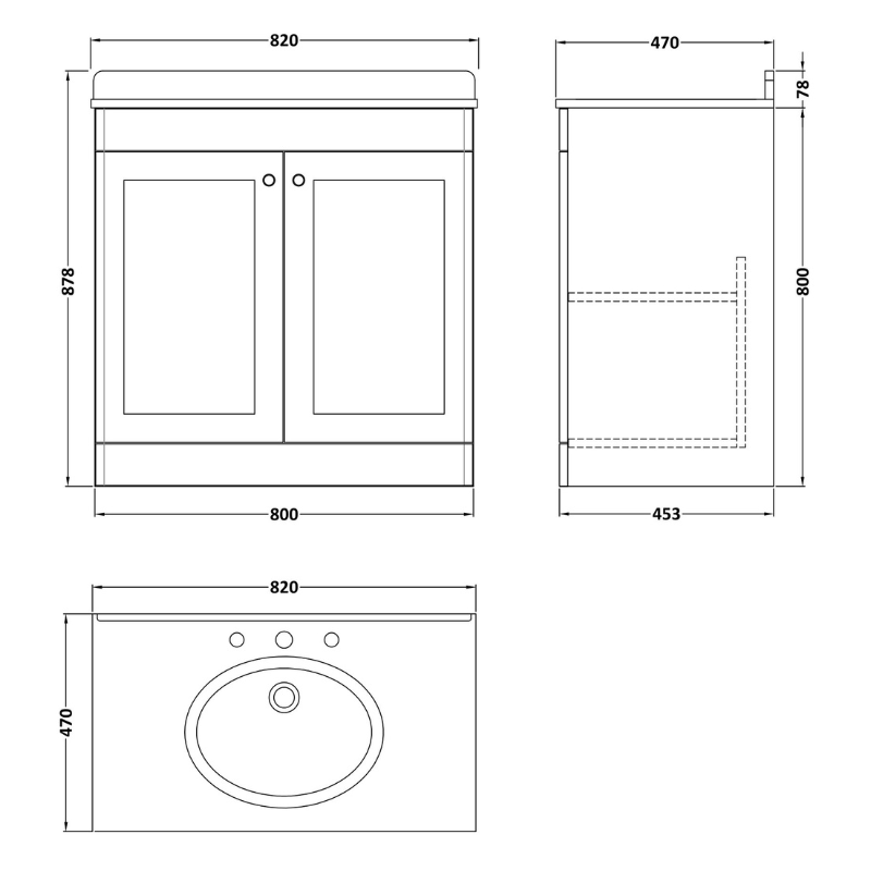 Nuie Classique 800mm Floor Standing Vanity Unit With Basin & Marble Top, 3 Tap Hole (1 size, Soft Black) - Brand New Bathrooms