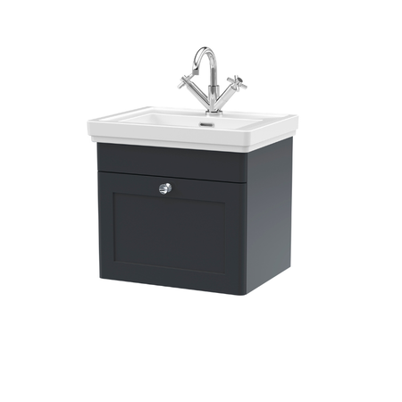 Nuie Classique 500mm Wall Hung 1 Drawer Vanity Unit With 1 Tap Hole Basin (1 size, Soft Black) - Brand New Bathrooms