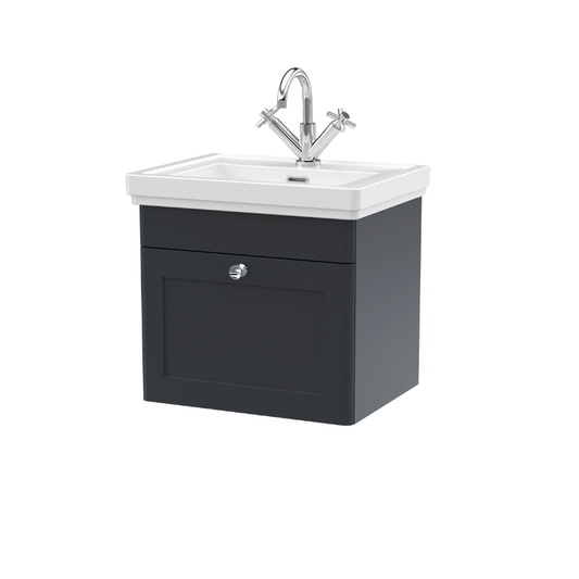 Nuie Classique 500mm Wall Hung 1 Drawer Vanity Unit With 1 Tap Hole Basin (1 size, Soft Black) - Brand New Bathrooms