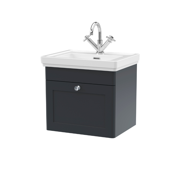 Nuie Classique 500mm Wall Hung 1 Drawer Vanity Unit With 1 Tap Hole Basin (1 size, Soft Black) - Brand New Bathrooms