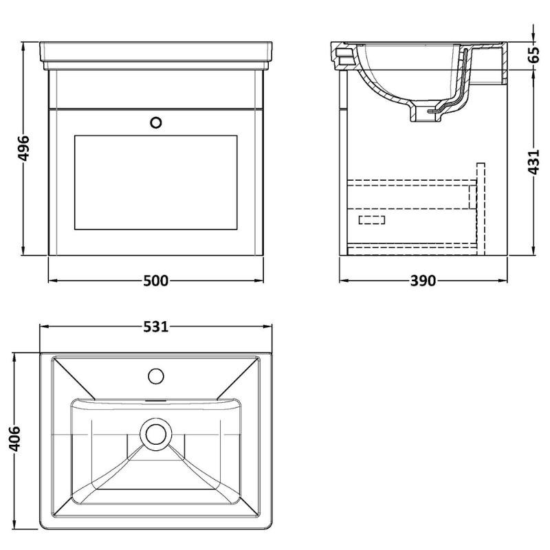 Nuie Classique 500mm Wall Hung 1 Drawer Vanity Unit With 1 Tap Hole Basin (1 size, Soft Black) - Brand New Bathrooms