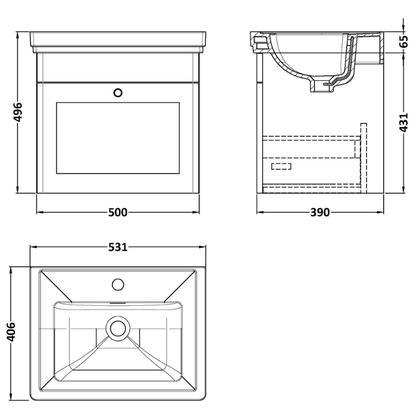 Nuie Classique 500mm Wall Hung 1 Drawer Vanity Unit With 1 Tap Hole Basin (1 size, Soft Black) - Brand New Bathrooms