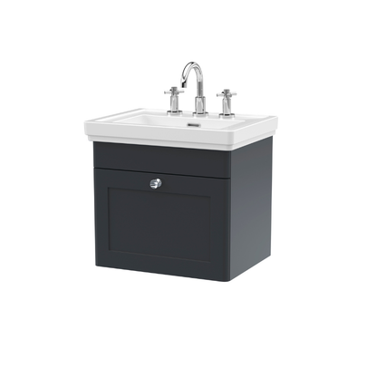 Nuie Classique 500mm Wall Hung 1 Drawer Vanity Unit with 3 Tap Hole Basin (1 size, Soft Black) - Brand New Bathrooms