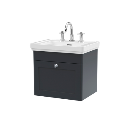 Nuie Classique 500mm Wall Hung 1 Drawer Vanity Unit with 3 Tap Hole Basin (1 size, Soft Black) - Brand New Bathrooms