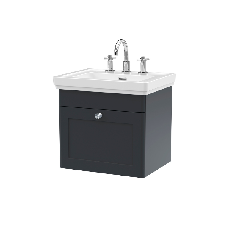 Nuie Classique 500mm Wall Hung 1 Drawer Vanity Unit with 3 Tap Hole Basin (1 size, Soft Black) - Brand New Bathrooms